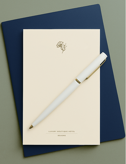 Cream notepad with botanical illustration on a navy folio with white pen