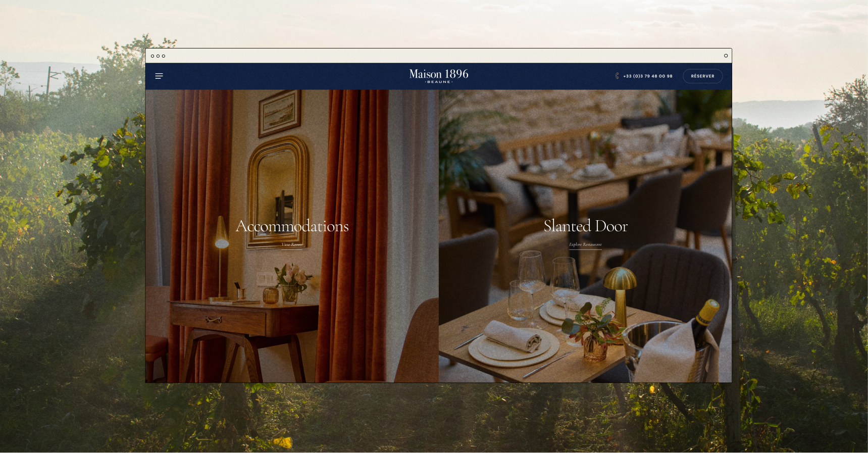 Maison 1896 website hero split between Accommodations and Slanted Door